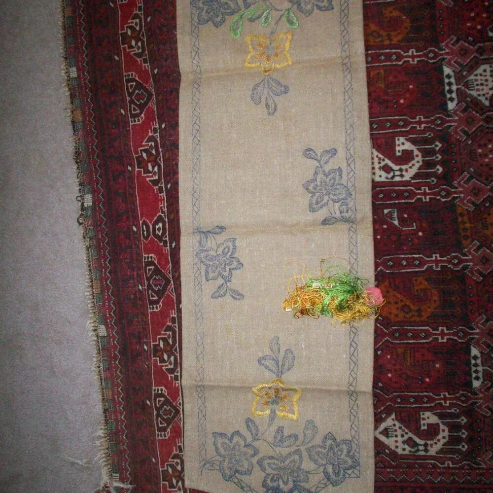 Vintage Floral Burlap Printed Needlepoint Runner Kit & Thread Made UK 42